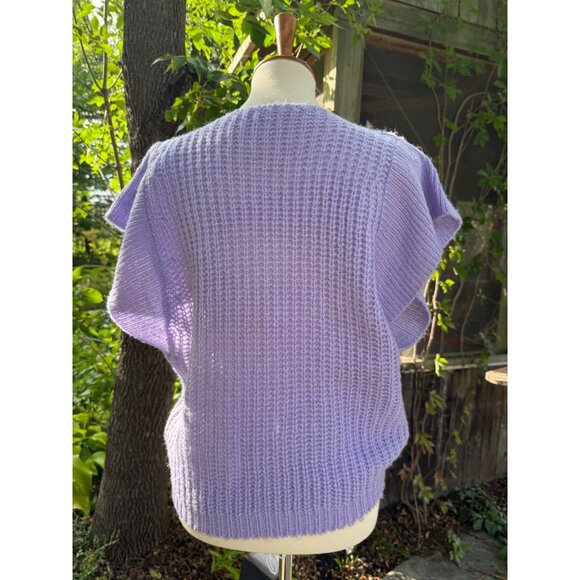 70s 80s Lavender Knit Top Batwing Cap Flutter Sleeve Crew Neck Handmade - Picture 6 of 6